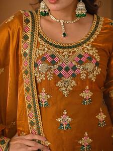 Ensemble Kurti et pantalon en soie brodée marron, séchage rapide, toutes saisons, avec dupatta, tenue traditionnelle ethnique pour femme, longueur ras du sol, coupe classique - Product Image 4