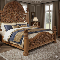 Cama Queen-Size Estilo Mid-Century de Caoba con Tallados a Mano y Acabado Excelente para Juego de Dormitorio, Muebles para el Hogar