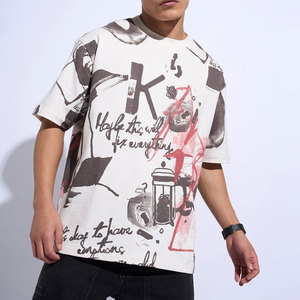 เสื้อยืดโอเวอร์ไซส์ผู้ชาย ผ้าฝ้าย แขนสั้น ลายเพ้นท์มือ สไตล์สตรีท คอกลม ระบายอากาศได้ดี ทรงพอดีตัว - Product Image 1