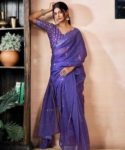 Sari de Lino y Algodón Morado Elegante para Mujer KV con Diseño de Motivos Geométricos, Sin Arrugas y Reversible, para Uso Casual de Otoño - Product Image 3