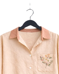 Conjunto de pijama de lino y algodón para mujer Peach, camisa con botones y bolsillo bordado y pantalones con cordón, conjunto de ropa de dormir informal para estar en casa - Product Image 4