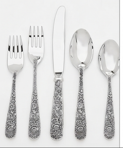 Ensemble de couverts élégants en acier inoxydable à motif floral, poli miroir, compatible lave-vaisselle, pour mariage, cuillère, fourchette, couteau - Product Image 1