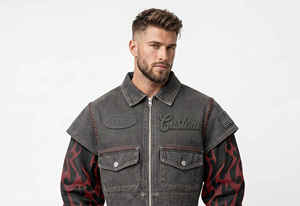 Veste en jean personnalisée grise délavée, coupe courte, manches en tricot motif flamme rouge et noir, logo en relief 3D, badge ovale, tresse en cuir rouge, strass - Product Image 6