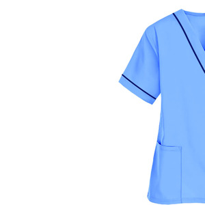 Blouse médicale pour femme, col en V, manches courtes, bleu clair, uniforme d'infirmière d'hôpital avec bordure marine, deux poches - Product Image 4