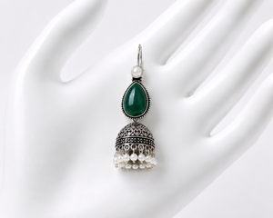 Pendientes Jhumka de Plata Oxidada con Perlas de Piedra Verde Pera, Hechos a Mano, Estilo Étnico Indio, para Mujer, Venta al Por Mayor Directo de Fábrica - Product Image 6