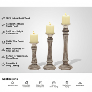 Ensemble de porte-bougies décoratifs en bois faits à la main, 6-10 pouces |   Piliers rustiques en bois naturel pour mariage, décoration intérieure et événements - Product Image 5