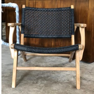Sillón de Madera de Teca de Lujo con Asiento de Cuerda de Ratán Tejida Negra, Sillón de Descanso para Interiores y Exteriores, para Hotel, Villa, Patio, Sala de Estar - Product Image 4