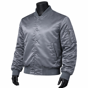 High Quality Triveers <b>Men's</b> Grey Satin Bomber <b>Jacket</b> Regular Fit Stand Collar Zipper Pocket Casual Wear With Buttons <b>Jacket</b> - Product Image 3