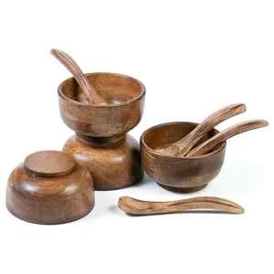 Eco Friendly Mango Wood Bowl with Spoons Set of 4 Soup Noodle Rice Cereal Dip Sauce Nuts Salad Dressing Bowls with Servers