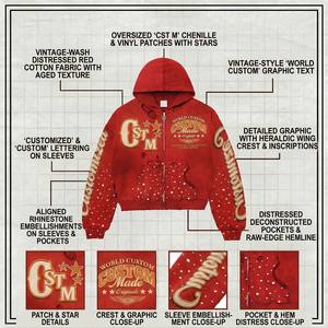 Custom Embroidered Hoodie Mens Massive 450gsm Red <b>Jumper</b> World Custom Collection Graphic Zip up Studded Boxy Fit <b>Pullover</b> Top - Product Image 3
