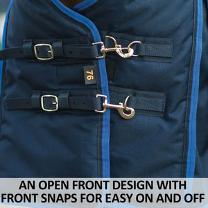 Couverture imperméable pour cheval bleue avec grande protection de la queue et double fermeture poitrine pour une utilisation extérieure toutes saisons - Product Image 6