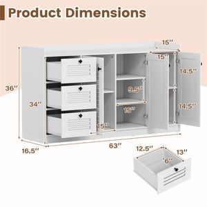 <b>White</b> 3-Drawer 3-Shutter Door Buffet Sideboard Cabinet Abundant Storage Space <b>Display</b> & China Cabinets - Product Image 5
