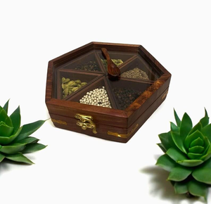 Handcrafted Traditional Indian Masala Dabba Mango Wood Spice Box 5 Compartments Oven Safe Hand Wash Only Glass Lid for <b>Kitchen</b> - Product Image 4