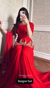 Red 3 Piece Sharara Suit Set Designer Party Wear Faux Georgette Thread With Sequence Work <b>Top</b> With Sharara And Lace Work Dupatta - Product Image 2