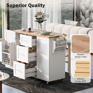 Îlot de cuisine roulant avec rangement, 3 tiroirs, 2 étagères coulissantes, étagère de rangement interne, chariot de cuisine avec plateau en bois de caoutchouc - Product Image 6