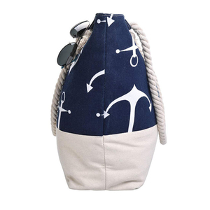 Navy Blue Anchor Print Canvas <b>Beach</b> <b>Bag</b> Women <b>Large</b> Capacity Zipper Tote <b>Bag</b> Summer Travel Holiday <b>Bag</b> Rope Handle Wholesale - Product Image 3