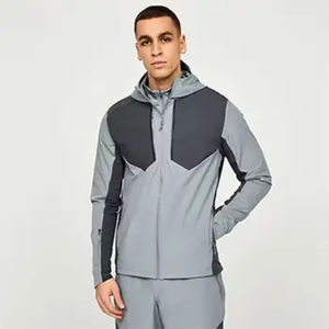 Survêtement gris pour homme avec blocs de couleur, manches longues, capuche, fermeture éclair sur le devant, poches latérales, coupe classique, style sportif décontracté, saison automne - Product Image 3