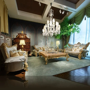 ชุดโซฟาหรูหรา ไม้มะฮอกกานีแกะสลักด้วยมือ หุ้มเบาะสไตล์ยุโรป เฟอร์นิเจอร์ห้องนั่งเล่นสำหรับบ้านพักตากอากาศ - Product Image 2