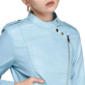 Chaqueta de Motociclista de Cuero PU Azul Claro para Mujer, Manga Larga, Cierre de Cremallera, Cuello Alto, Color Sólido, Estilo Otoñal - Product Image 5