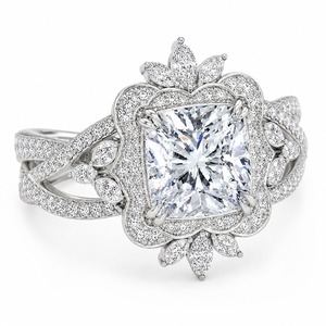 Anillo de compromiso y boda moderno de lujo con doble halo, diamante de laboratorio con corte princesa, oro blanco de 18K, diseño floral real marquesa - Product Image 3