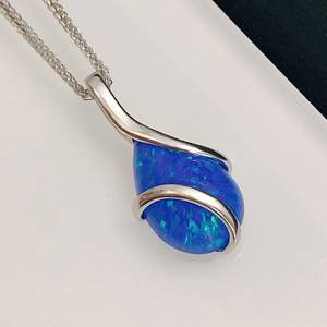 Natural Blue <b>Opal</b> Cabochon <b>Pendant</b> Handmade 925 Sterling Silver Gold Plated Engagement Charm for Women - Product Image 3