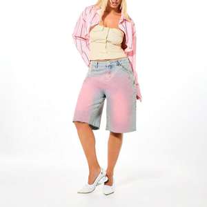 Trendy High Waist Dip Dye Denim <b>Shorts</b> Women's Straight Leg Candy Color Cotton Summer Y2K Style With Chain Decoration Jorts - Product Image 1