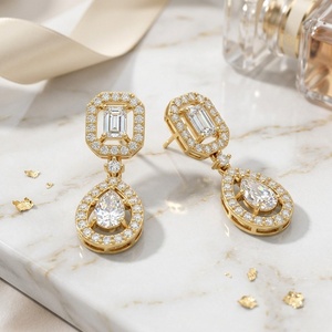 4.60CTW <b>Emerald</b> and Pear and Round Prong, Statement <b>Drop</b> Linear <b>Earrings</b> - Product Image 1