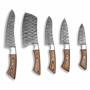 Ensemble de couteaux de chef en acier Damas sur mesure, 5 pièces, couteaux de cuisine professionnels avec manches en bois d'olivier, usine OEM ODM - Product Image 1