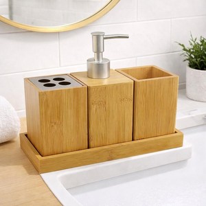 Bamboo <b>Bathroom</b> Organizer <b>Set</b> With Soap Dispenser Toothbrush Holder And Storage Tray Minimalist Rectangle Customized Design - Product Image 1