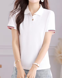 Women's Jersey Polyester/Cotton 160g Quick Dry Breathable Knitted Casual Short Sleeve Front Custom Logo Top for Golf Tennis - Product Image 3