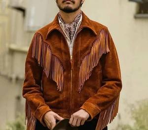 Men's Vintage Brown <b>Suede</b> Leather <b>Jacket</b> With Fringe Turn-down Collar Zipper Closure Regular Fit Autumn Wear - Product Image 2