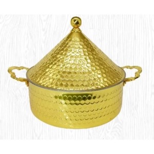 Round Warm Toned Metal Casserole With Lid Polished Traditional Hammered Design Durable For Gas And Induction Cooker - Product Image 1