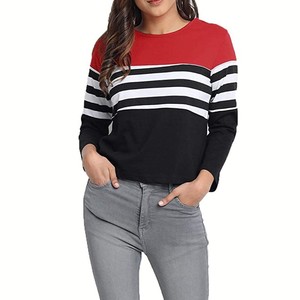 Camiseta de Punto de Manga Larga con Cuello Redondo para Mujer, Diseño de Bloques de Color y Rayas, Corte Regular Informal, Transpirable, para Todas las Temporadas, en Tendencia - Product Image 5