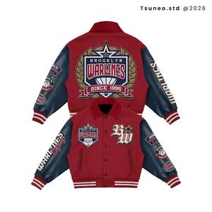 Brooklyn Warlines Varsity <b>Jacket</b> Men <b>Red</b> Navy Embroidered Patch Design O-Neck Collar <b>Waterproof</b> Breathable 100% Wool Thick - Product Image 3