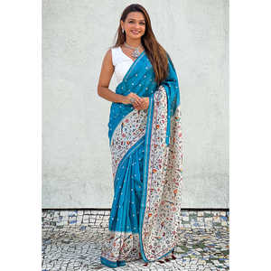 Sari en soie gujaratienne Kalamkari bleu denim Elite Weaves avec bordure Zari, élégant, extensible, séchage rapide, protection solaire pour l'été - Product Image 1