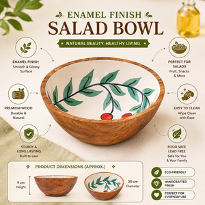 Premium Acacia Wood Enamel Finish Salad Bowl | Handcrafted Food Safe Wooden Serving Bowl for Fruits Snacks <b>Pasta</b> Kitchen Dining - Product Image 5