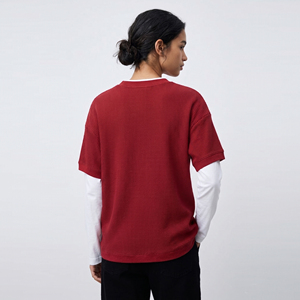 T-shirt gaufré double couche pour femme, manches courtes, couleur unie, col rond, tricoté, décontracté - Product Image 2