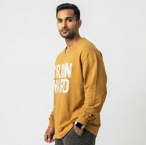 T-shirt à manches longues pour homme, col en V, 280 g/m², coton lourd, imprimé, coupe ample, décontracté, polyester, col en V - Product Image 3