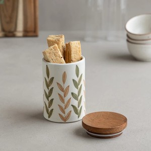 Luxury Ceramic <b>Snack</b> Storage Jar With Wooden Lid Airtight Kitchen <b>Container</b> Leaf Print Durable Stylish Multipurpose Use - Product Image 5