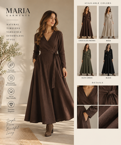 Robe longue tendance pour femme, style plage, simple, respirante, moderne, marron chocolat, en mélange de lin, à manches longues, à nouer devant - Product Image 3