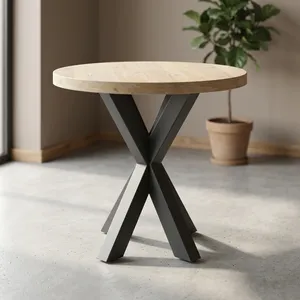 Modern <b>Round</b> Wood <b>Coffee</b> <b>Table</b> With Black Metal X Base Minimalist Living Room Furniture Durable Design - Product Image 1