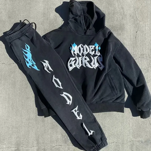 Ensemble de survêtement vintage noir à capuche pour homme avec logo gothique blanc imprimé, sweat-shirt et pantalon de jogging pleine longueur en nylon pour l'hiver - Product Image 2