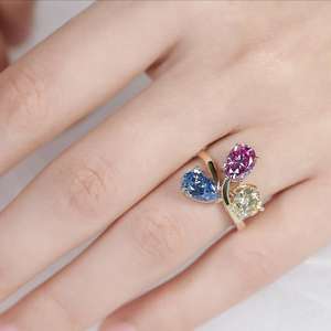 Bague à trois pierres en moissanite rose, bleue et jaune, bande ouverte pour femme, bijoux originaux en argent 925, bijoux uniques pour cadeau de mariage - Product Image 5