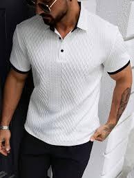 Polo jacquard texturé pour homme – Polo blanc en maille 3D coupe ajustée avec bordure contrastante – Haut élégant et décontracté de luxe moderne - Product Image 3