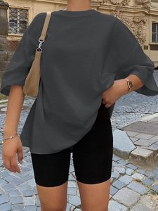 T-shirt à manches courtes gris foncé surdimensionné, col rond, coupe ample, couleur unie, en coton tricoté respirant, style printemps-été - Product Image 5