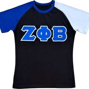 T-shirt à manches raglan Zeta Phi Beta, noir, bleu, blanc, broderie de lettres grecques, t-shirt pour femmes, décontracté, élégant, coupe ajustée - Product Image 1