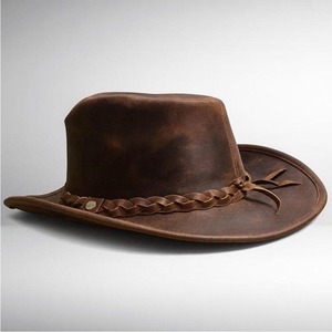 Chapeau de cowboy en cuir artisanal de qualité supérieure, robuste, brun vieilli avec bande tressée - Product Image 2