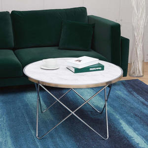 <b>Small</b> <b>Round</b> White Natural Marble with Grey Grains Coffee <b>Table</b> with Geometric Criss Cross Steel Base - Product Image 4