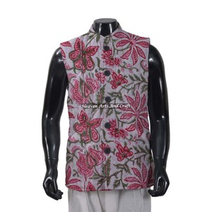Block Printed Cotton Quilted Gents Jacket Indian Handmade Cotton <b>Men's</b> <b>Coat</b> Bohemian <b>Summer</b> Wear Jacket Boho - Product Image 1