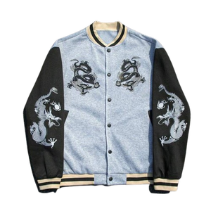 Custom Grey Black College <b>Baseball</b> <b>Jacket</b> <b>for</b> <b>Men</b> Streetwear Varsity Outerwear Bold Sleeve Graphic Design Snap Button Closure - Product Image 1